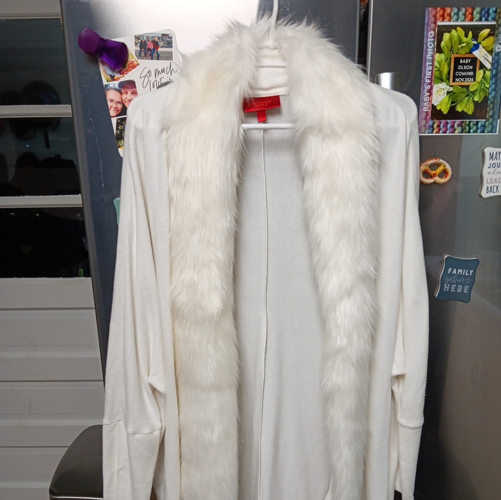 Jennifer Lopez Fur Trimed Long Cardigan Open Front Women’s Size L White